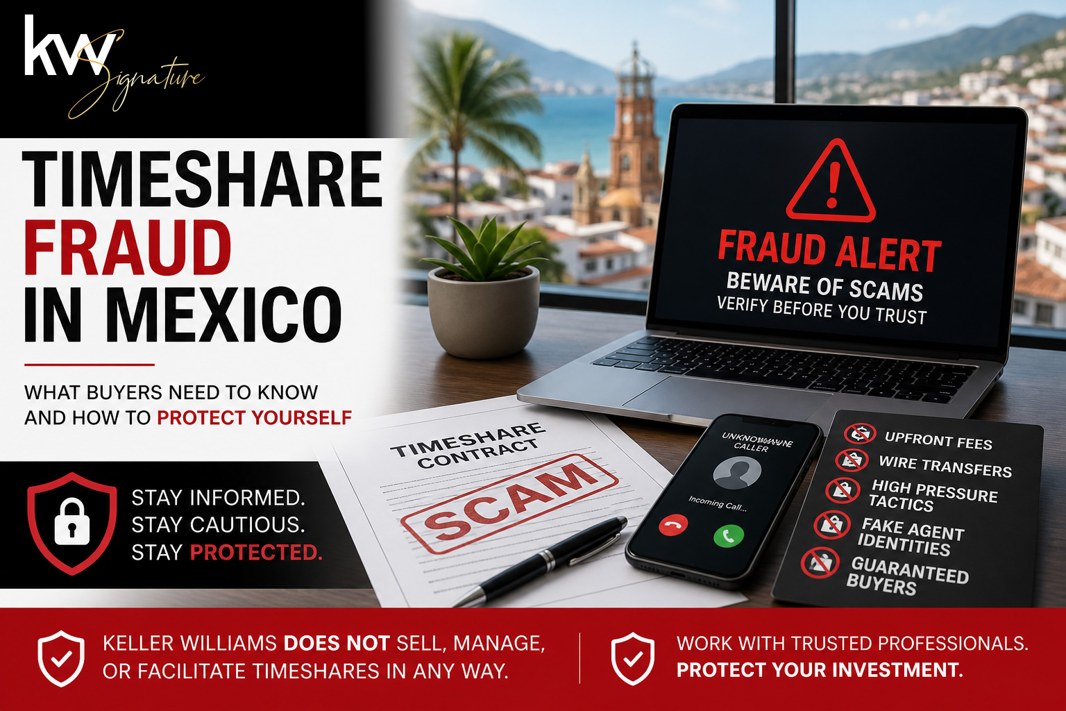 Professional fraud awareness graphic warning about timeshare scams in Mexico with Keller Williams Puerto Vallarta branding and scam prevention messaging.