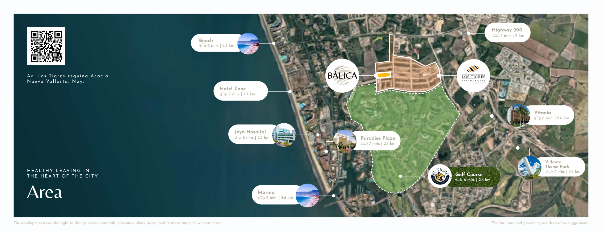 Map showing Bálica Los Tigres location in Nuevo Vallarta near beach, golf club, hospital, and marina