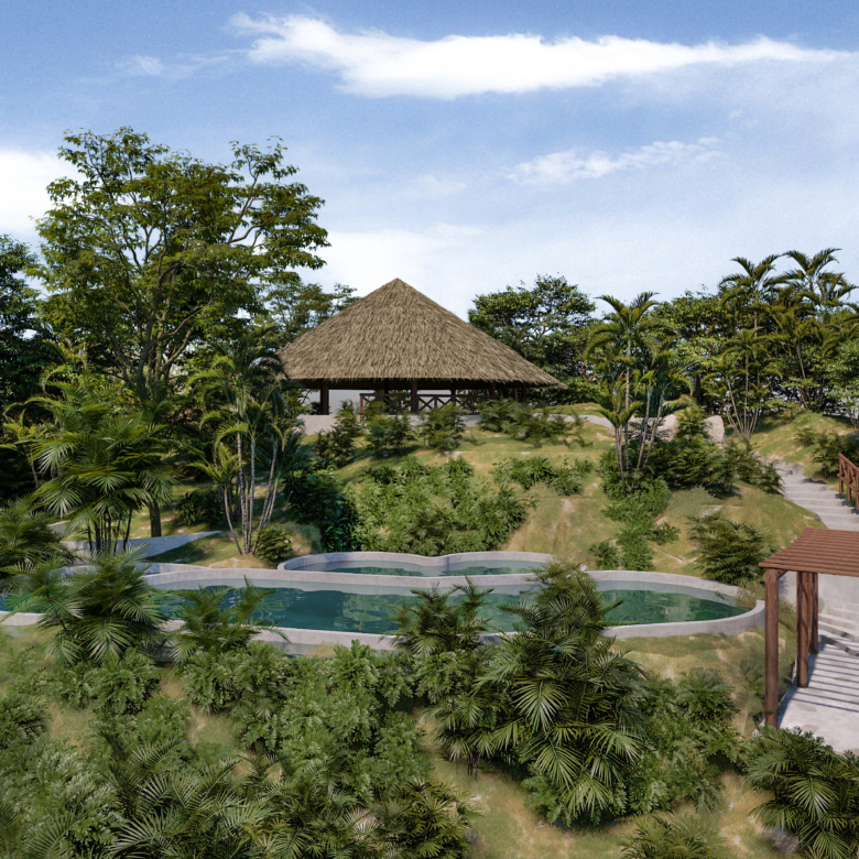 Luxury pool and clubhouse area at Amore Mia Villas in Punta Mita, surrounded by lush gardens and tranquil resort-style design