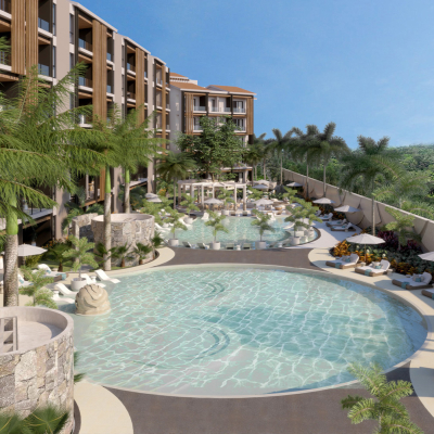 Luxury pool area at Bálica Los Tigres Residencial in Nuevo Vallarta with lounge chairs and modern design
